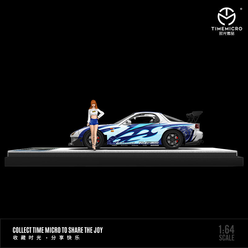 Time Micro 1/64 Mazda RX-7 FD3S Modified RE-Amemiya Edition Blue Frame with Girl Miniature Figure
