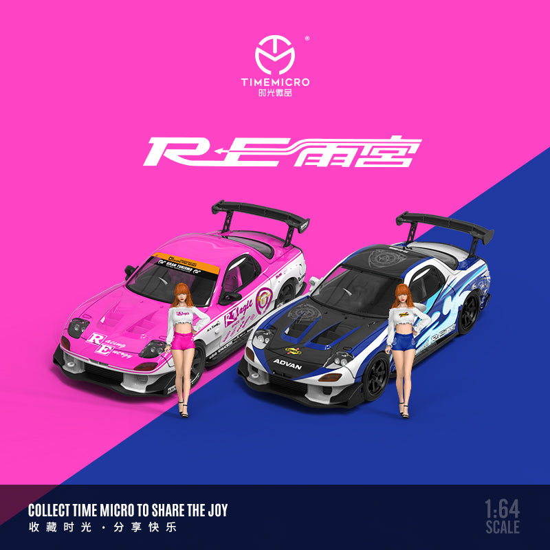 Time Micro 1/64 Mazda RX-7 FD3S Modified RE-Amemiya Edition Blue Frame with Girl Miniature Figure