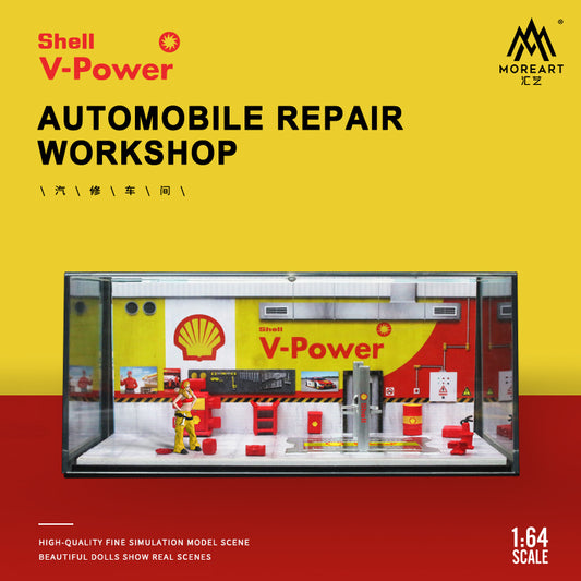 MoreArt 1/64 Automobile Repair Workshop Garage Diorama with Tools and Figure Set- Shell Edition