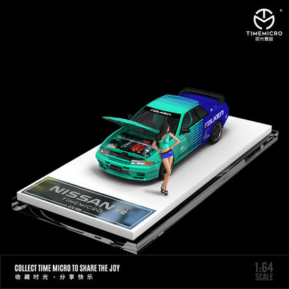 Time Micro 1/64 Nissan Skyline GT-R R32 Open Bonnet Engine Hood -Falken Edition with Model Girl Figure
