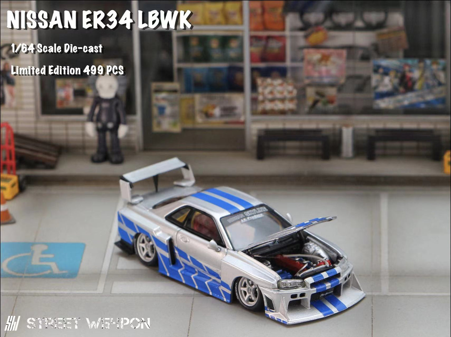Street Weapon 1/64 Nissan Skyline GT-R R34 LBWK ER34 Liberty Walk Fast & Furious Open Bonnet Engine Hood