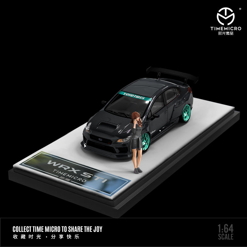 Time Micro 1:64 Subaru WRX STI Black with Black Carbon Hood with Model Girl Figure