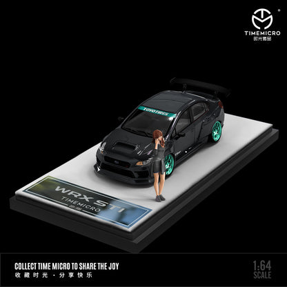 Time Micro 1:64 Subaru WRX STI Black with Black Carbon Hood with Model Girl Figure