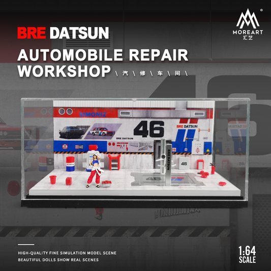 MoreArt 1/64 Automobile Repair Workshop Garage Diorama with Tools and Figure Set- BRE Datsun Edition