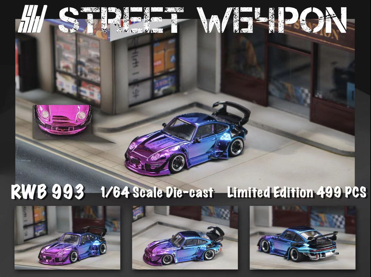 Street Weapon 1/64 Porsche RWB 993 Chromed Gloss Fading Blue and Purple