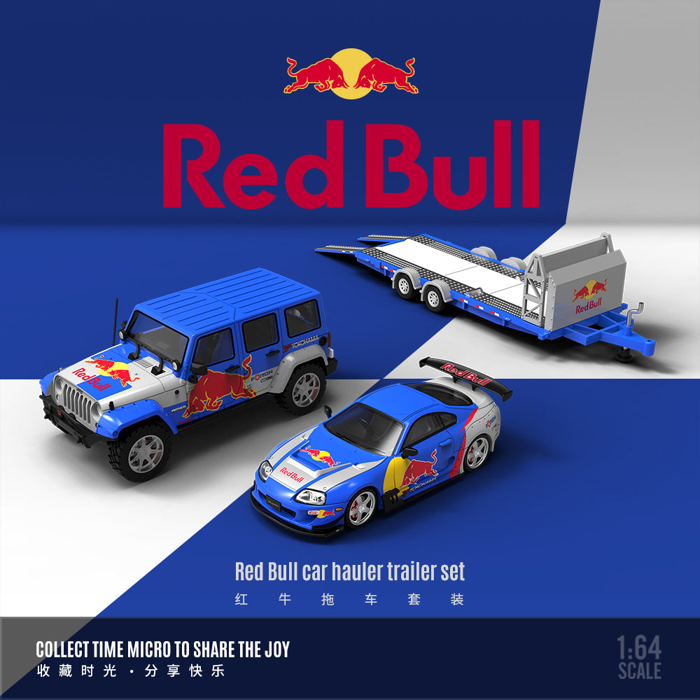 Time Micro 1/64 Car Hauler Trailer Set Red Bull Edition - Toyota Supra A80Z & Jeep Rubicon & Trailer