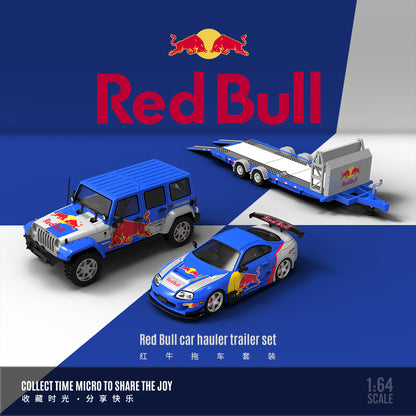 Time Micro 1/64 Car Hauler Trailer Set Red Bull Edition - Toyota Supra A80Z & Jeep Rubicon & Trailer