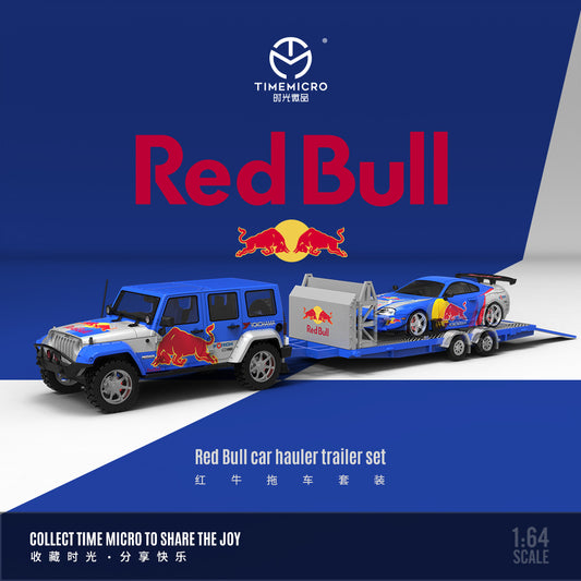 Time Micro 1/64 Car Hauler Trailer Set Red Bull Edition - Toyota Supra A80Z & Jeep Rubicon & Trailer