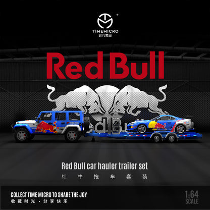 Time Micro 1/64 Car Hauler Trailer Set Red Bull Edition - Toyota Supra A80Z & Jeep Rubicon & Trailer