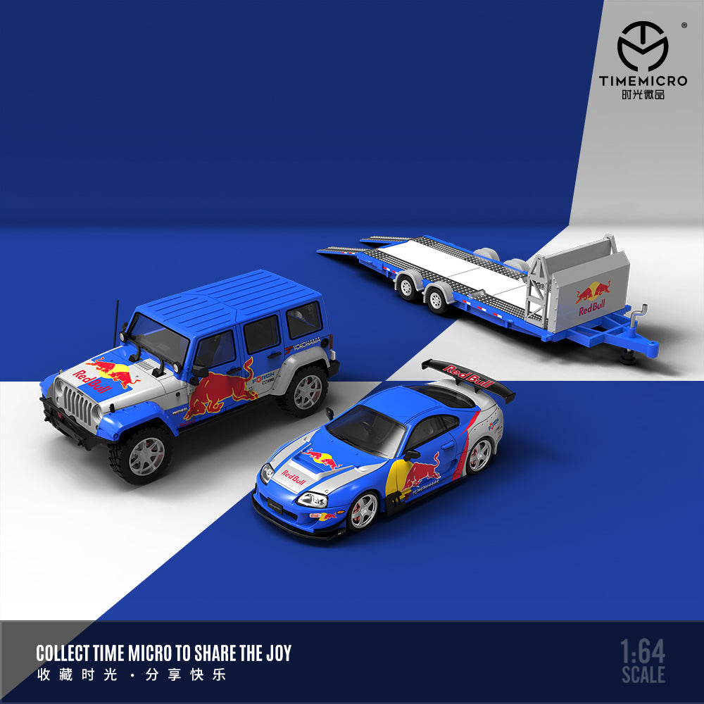 Time Micro 1/64 Car Hauler Trailer Set Red Bull Edition - Toyota Supra A80Z & Jeep Rubicon & Trailer
