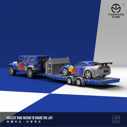 Time Micro 1/64 Car Hauler Trailer Set Red Bull Edition - Toyota Supra A80Z & Jeep Rubicon & Trailer