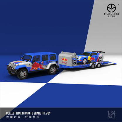 Time Micro 1/64 Car Hauler Trailer Set Red Bull Edition - Toyota Supra A80Z & Jeep Rubicon & Trailer