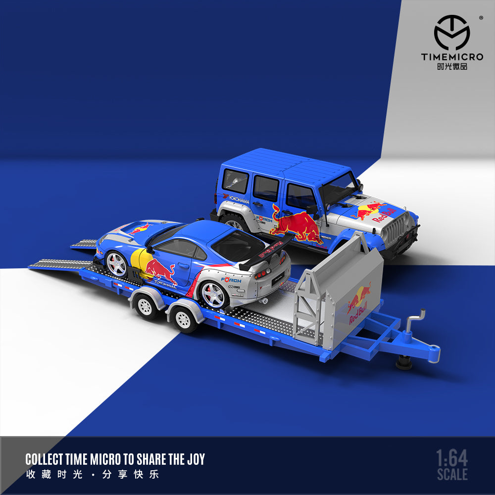 Time Micro 1/64 Car Hauler Trailer Set Red Bull Edition - Toyota Supra A80Z & Jeep Rubicon & Trailer
