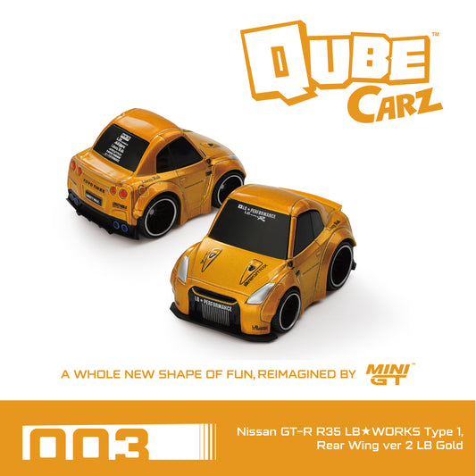 Mini GT 1:64 QubeCarz Nissan GT-R R35 LB★WORKS Type 1, Rear Wing ver 2 LB Gold /Blister packaging (QZ00301-BL)