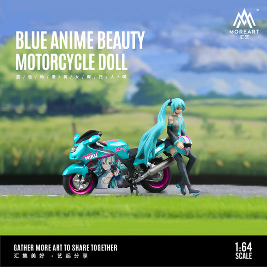MoreArt 1:64 Anime Beauty Motorcycle Doll Japanese Hatsune Miku Blue Hair Figure with Motorcycle