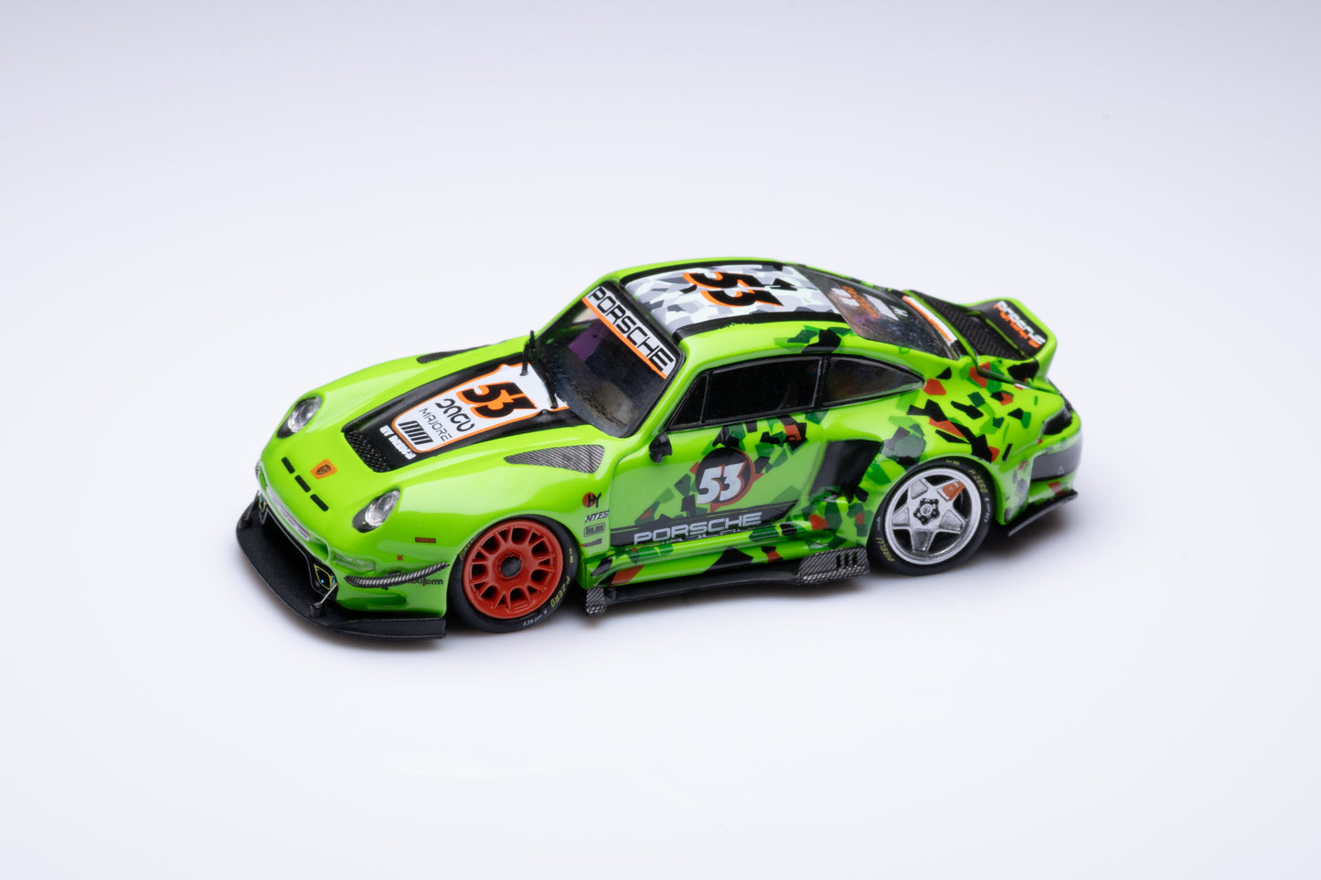 [3 Cars Bundle] Mini GT 1:64 Porsche 911 GT3 R #77 AO Racing 2025 IMSA Petit Le Mans in Paper Box Packaging (MGT01143-CH)  + [Premium Resin Model] Fine Works 1:64 Aventador LP700-4 White Black Panel Lines + DCM 1:64 RWB 993 Duck Tail Green