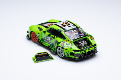 [3 Cars Bundle] Mini GT 1:64 Porsche 911 GT3 R #77 AO Racing 2025 IMSA Petit Le Mans in Paper Box Packaging (MGT01143-CH)  + [Premium Resin Model] Fine Works 1:64 Aventador LP700-4 White Black Panel Lines + DCM 1:64 RWB 993 Duck Tail Green