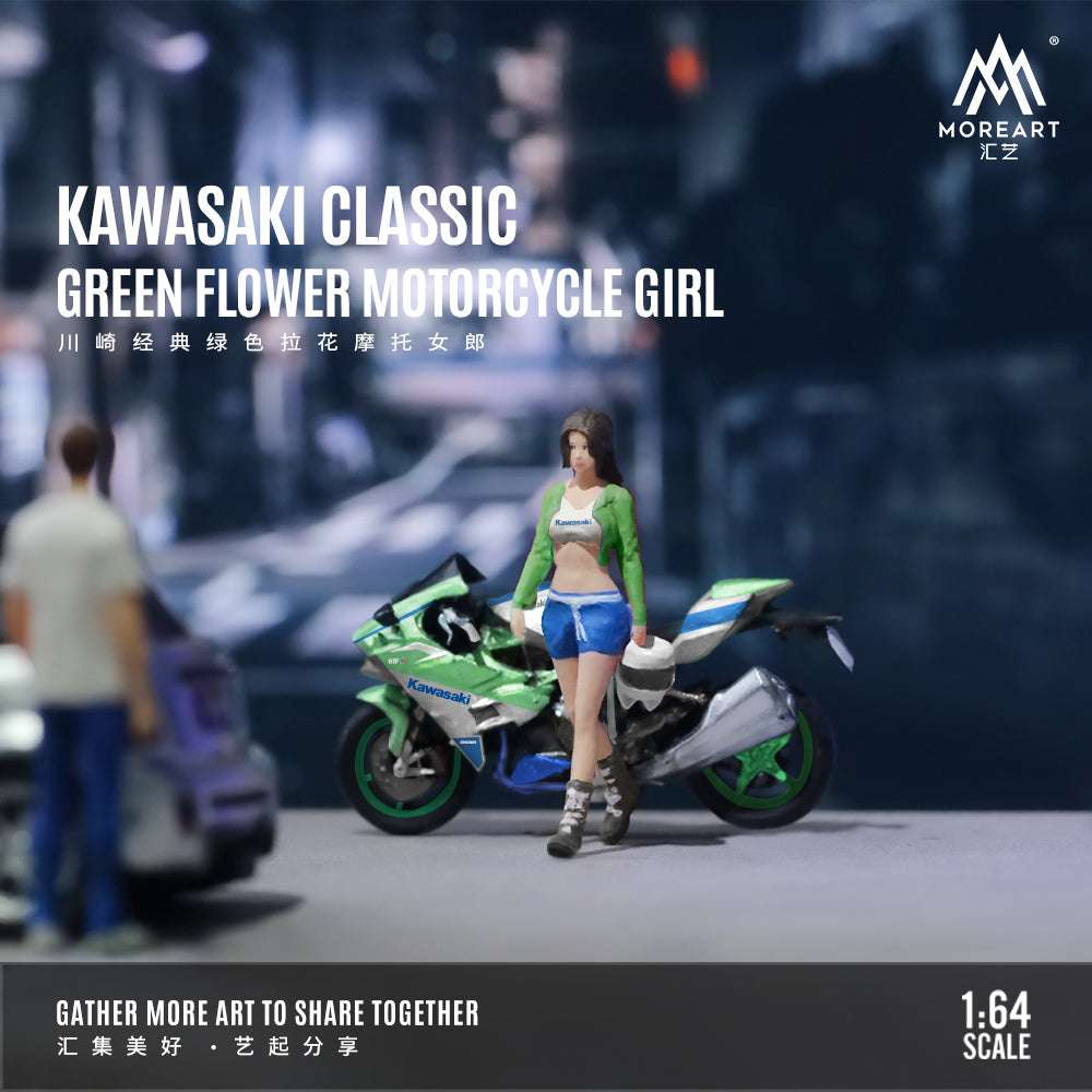 MoreArt 1:64 Kawasaki Classic Green Flower Motorcycle Doll Set (1 Motorcycle + 1 Figure)