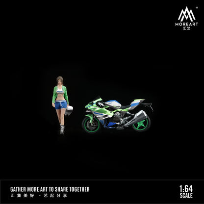 MoreArt 1:64 Kawasaki Classic Green Flower Motorcycle Doll Set (1 Motorcycle + 1 Figure)