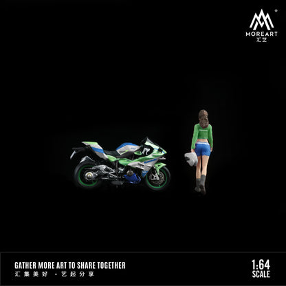 MoreArt 1:64 Kawasaki Classic Green Flower Motorcycle Doll Set (1 Motorcycle + 1 Figure)