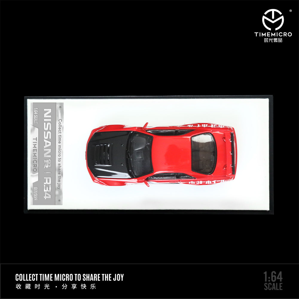 Time Micro 1:64 Nissan Skyline GT-R R34 Openable Bonnet Engine Hood Red #0 with Model Girl Figure