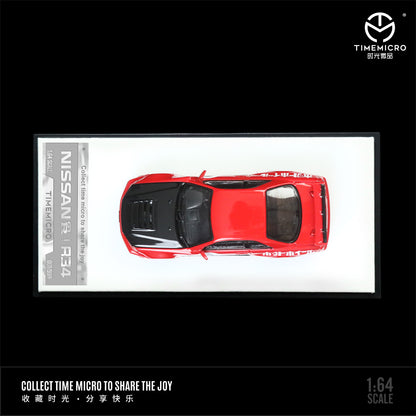 Time Micro 1:64 Nissan Skyline GT-R R34 Openable Bonnet Engine Hood Red #0 with Model Girl Figure