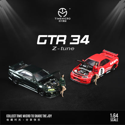 Time Micro 1:64 Nissan Skyline GT-R R34 Openable Bonnet Engine Hood Red #0 with Model Girl Figure