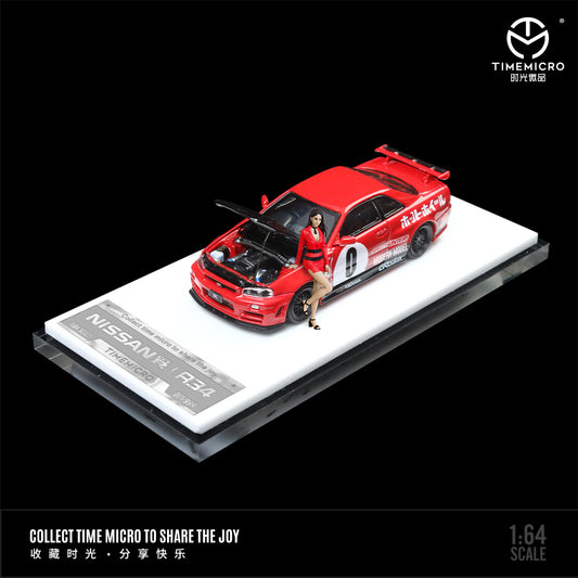 Time Micro 1:64 Nissan Skyline GT-R R34 Openable Bonnet Engine Hood Red #0 with Model Girl Figure