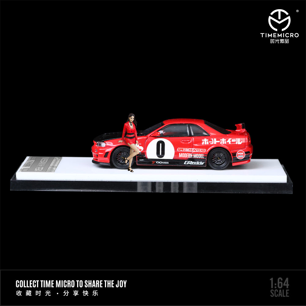 Time Micro 1:64 Nissan Skyline GT-R R34 Openable Bonnet Engine Hood Red #0 with Model Girl Figure