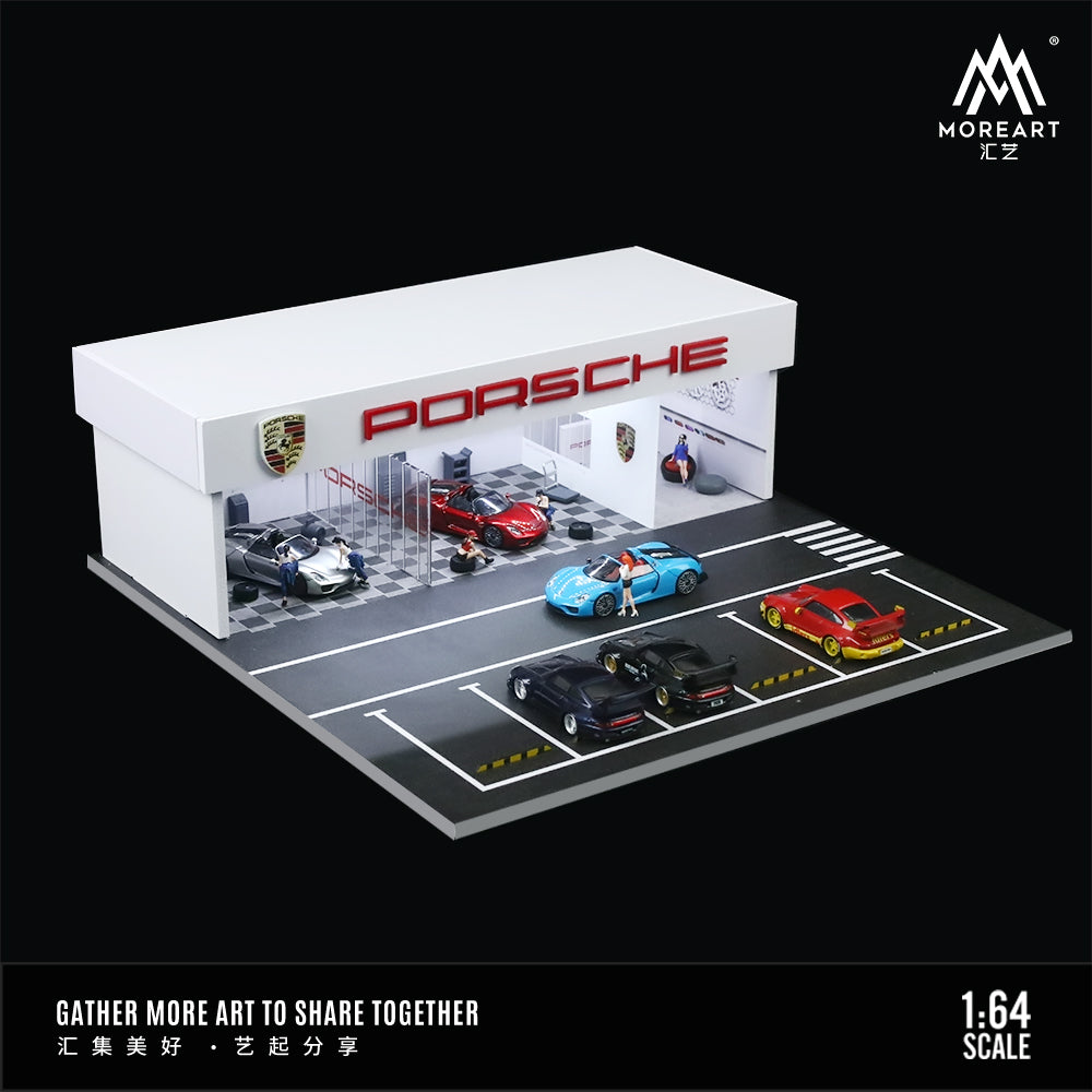 MoreArt 1:64 Porsche Assembly and Modification Shop with Car Park LED Light Diorama