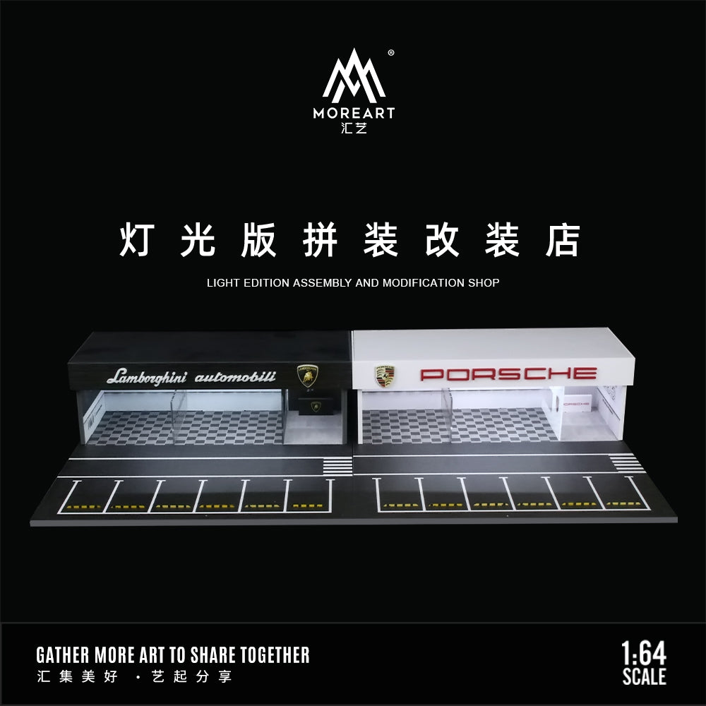 MoreArt 1:64 Porsche Assembly and Modification Shop with Car Park LED Light Diorama