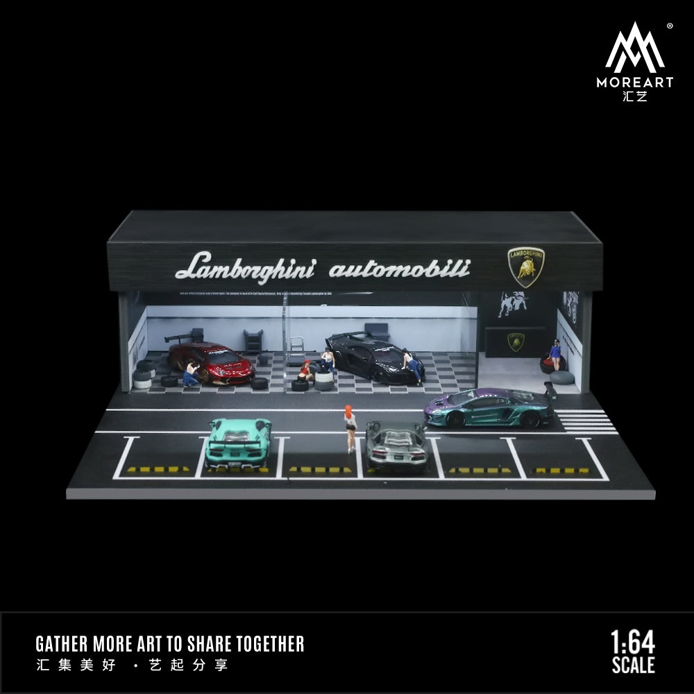 MoreArt 1:64 Lamborghini Assembly and Modification Shop with Car Park LED Light Diorama