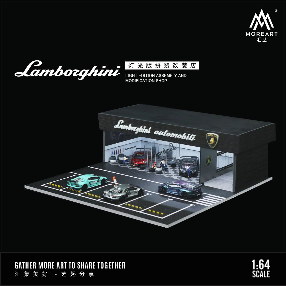MoreArt 1:64 Lamborghini Assembly and Modification Shop with Car Park LED Light Diorama