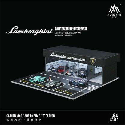 MoreArt 1:64 Lamborghini Assembly and Modification Shop with Car Park LED Light Diorama