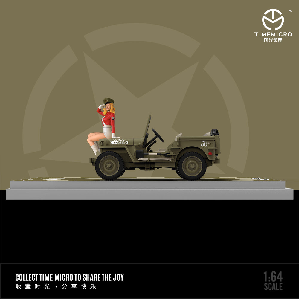 Time Micro 1/64 Willys MB Jeep Military 4x4 4WD SUV World War II D-Day Normandy 80th Anniversary Edition with Model Girl Figure
