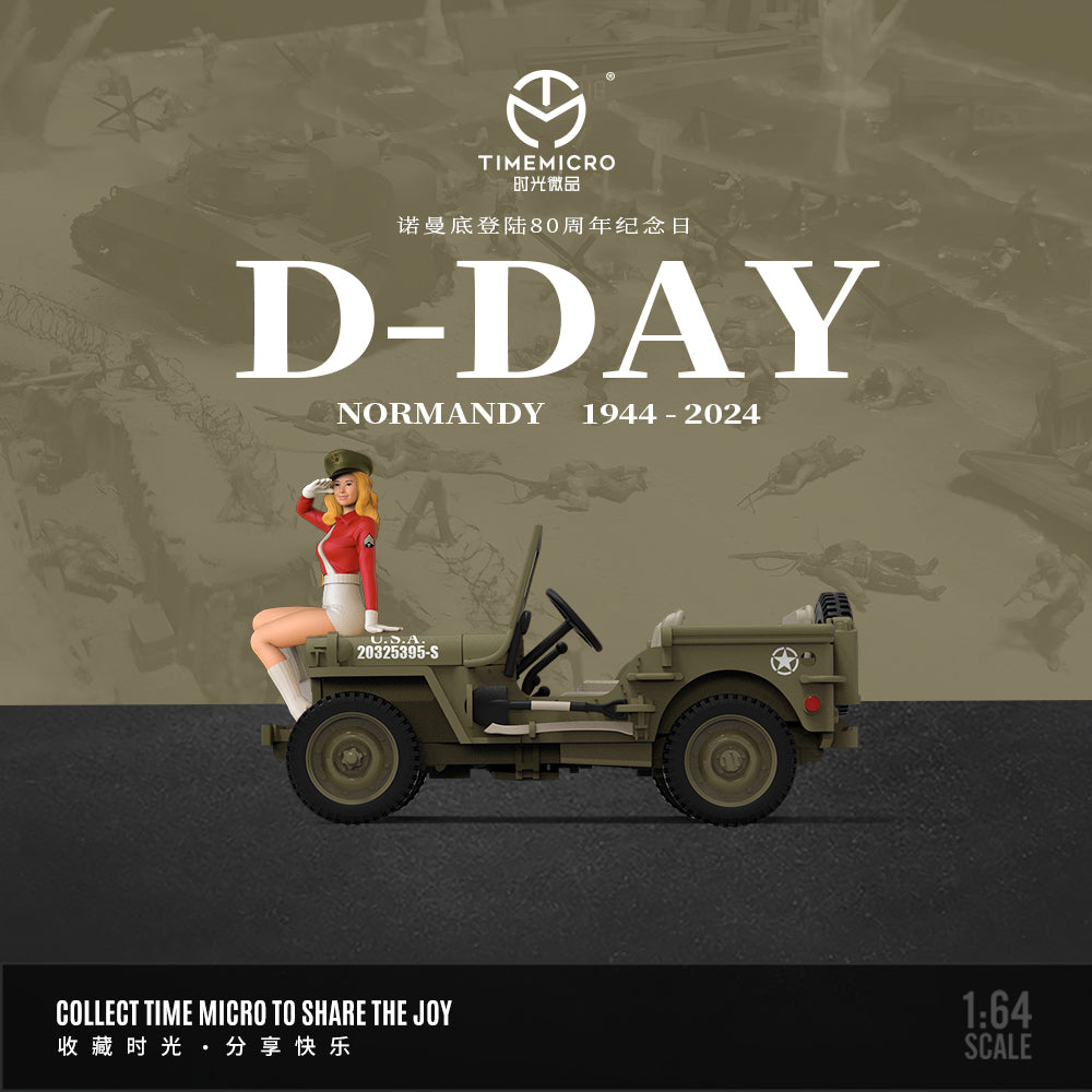 Time Micro 1/64 Willys MB Jeep Military 4x4 4WD SUV World War II D-Day Normandy 80th Anniversary Edition with Model Girl Figure