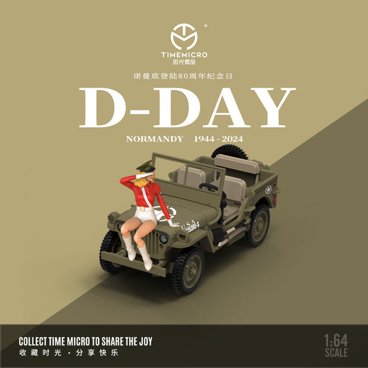 Time Micro 1/64 Willys MB Jeep Military 4x4 4WD SUV World War II D-Day Normandy 80th Anniversary Edition with Model Girl Figure
