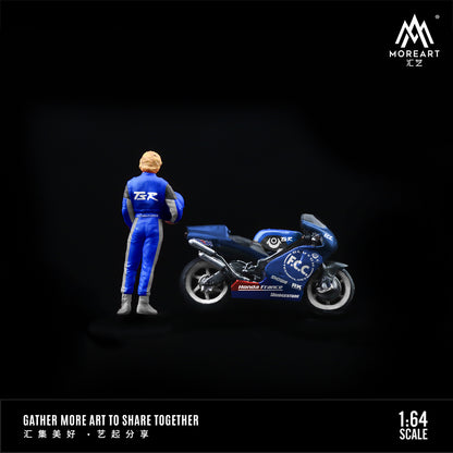MoreArt 1:64 Honda Racing Blue Motorcycle Driver Doll Set (1 Motorcycle + 1 Figure)
