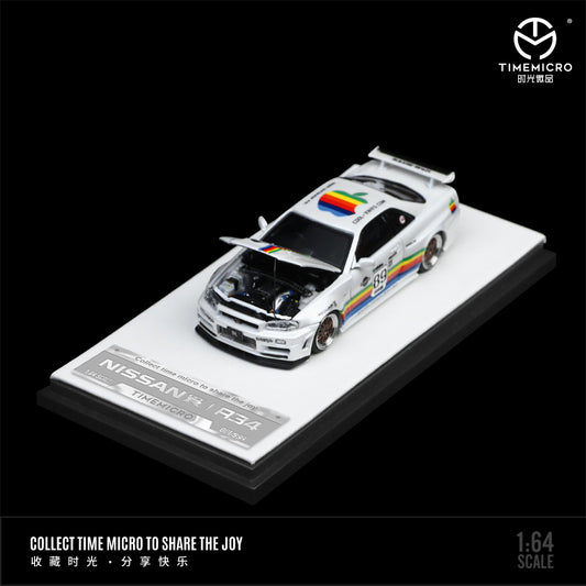 Time Micro 1:64 Nissan Skyline GT-R34 White Apple Edition Openable Engine Hood