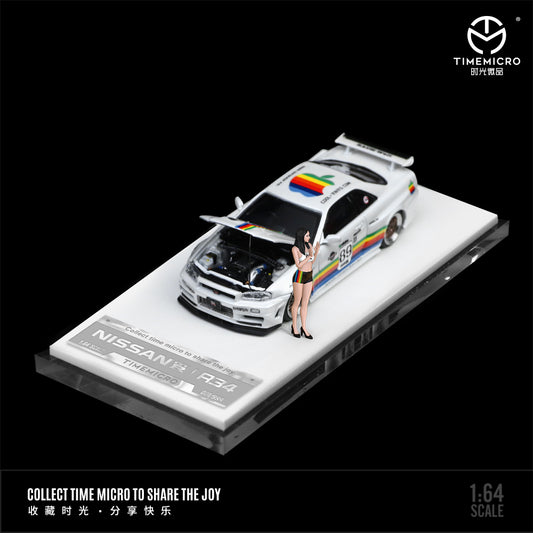Time Micro 1:64 Nissan Skyline GT-R34 White Apple Edition Openable Engine Hood with Model Girl Figure
