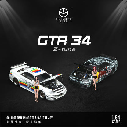 Time Micro 1:64 Nissan Skyline GT-R34 White Apple Edition Openable Engine Hood with Model Girl Figure