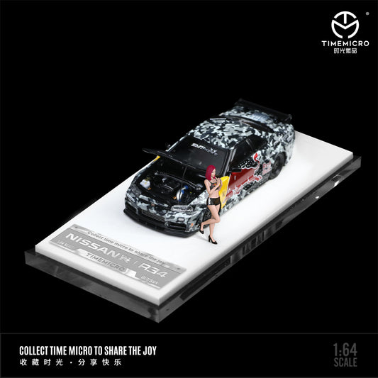 Time Micro 1:64 Nissan Skyline GT-R34 Red Bull Camouflage Edition Openable Engine Hood with Model Girl Figure