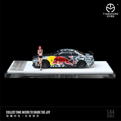 Time Micro 1:64 Nissan Skyline GT-R34 Red Bull Camouflage Edition Openable Engine Hood with Model Girl Figure