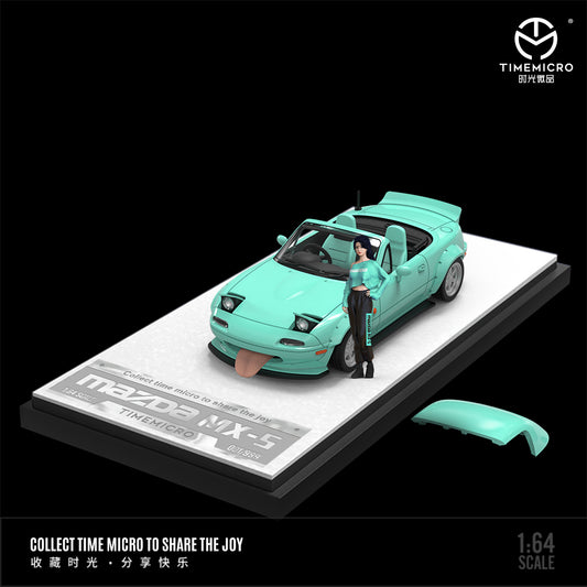 Time Micro 1:64 Mazda MX5 MX-5 Tiffany Blue Foldable Head Lights Removable Roof with Model Girl Figure