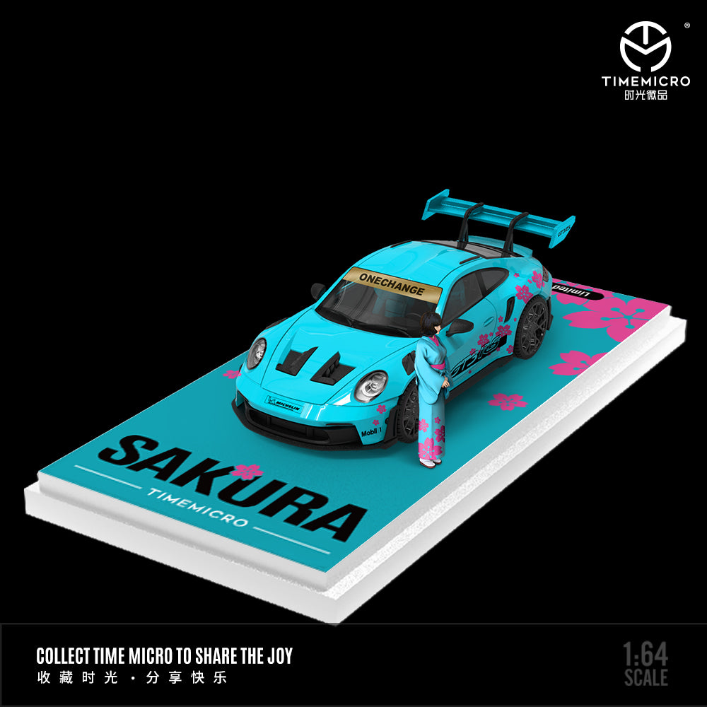 Time Micro 164 Porsche 992 GT3 RS Blue Sakura with Model Girl Figure