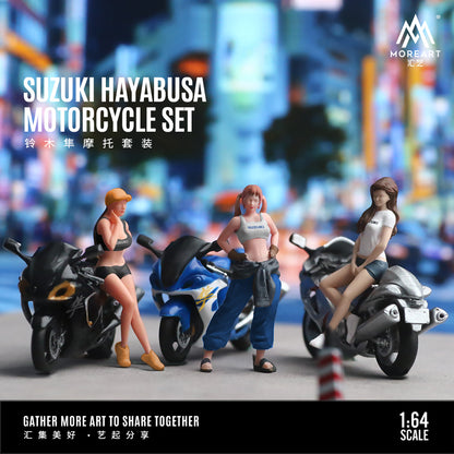 MoreArt 1:64 Suzuki Hayabusa Motorcycle Set White (1 Resin Motorcycle + 1 Model Girl Figure)