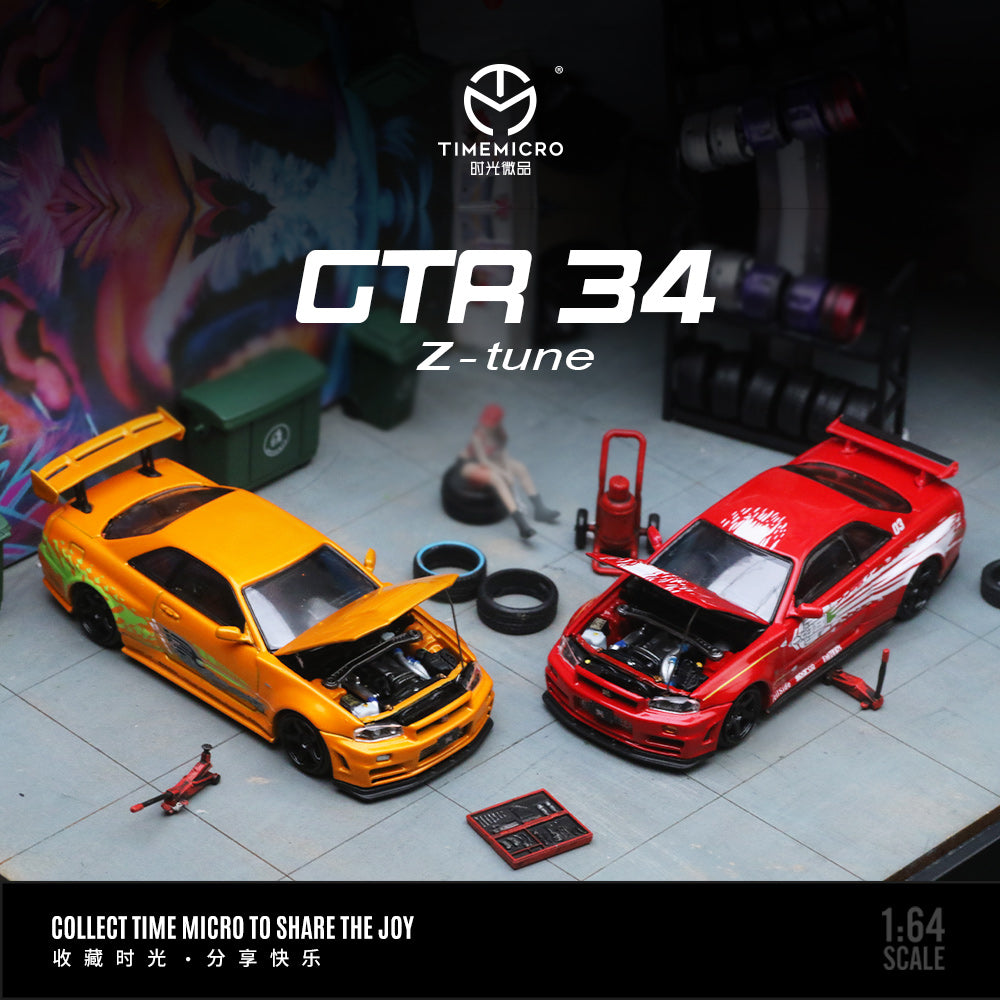 Time Micro 1:64 Nissan Skyline GT-R R34 Z-Tune Fast & Furious Orange Openable Engine Hood