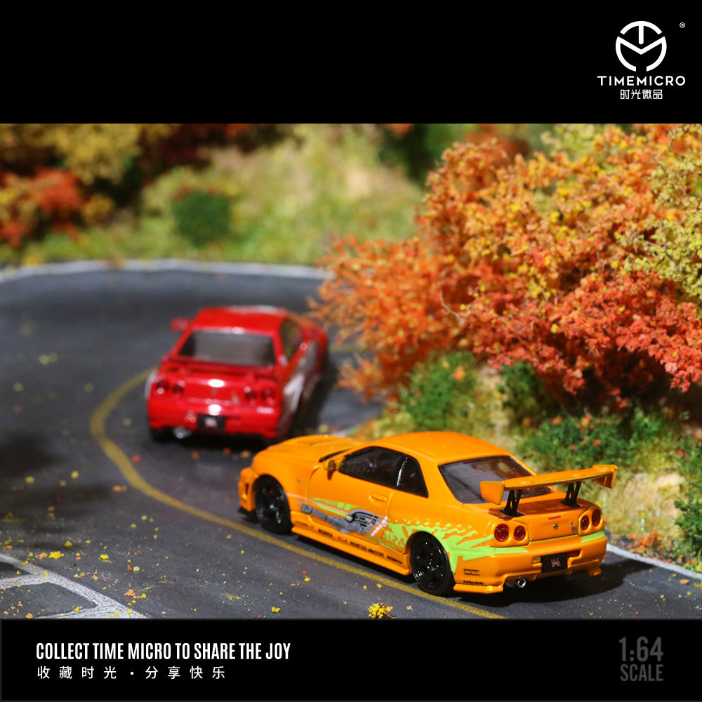 Time Micro 1:64 Nissan Skyline GT-R R34 Z-Tune Fast & Furious Orange Openable Engine Hood