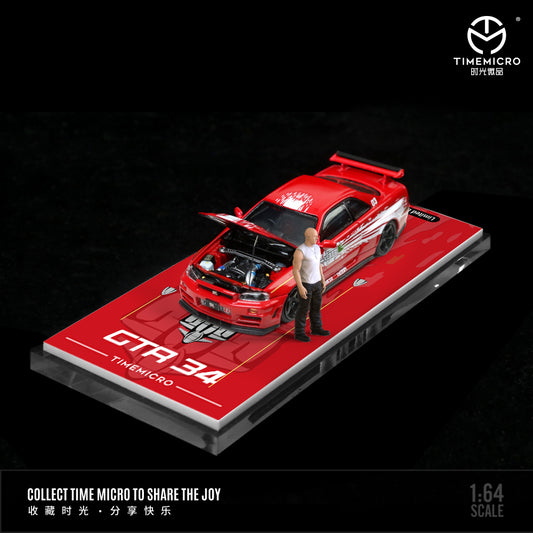 Time Micro 1:64 Nissan Skyline GT-R R34 Z-Tune Fast & Furious Red Openable Engine Hood with Dom Model Figure