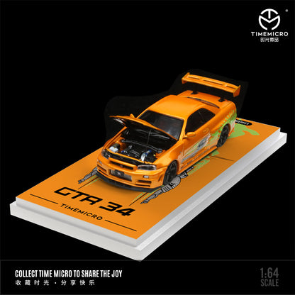 Time Micro 1:64 Nissan Skyline GT-R R34 Z-Tune Fast & Furious Orange Openable Engine Hood